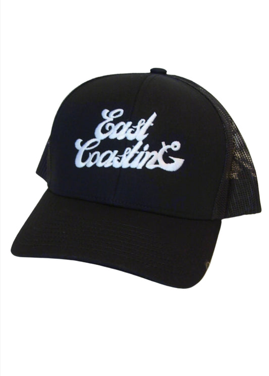 An all black Truckers cap with East Coasting stitched in white
